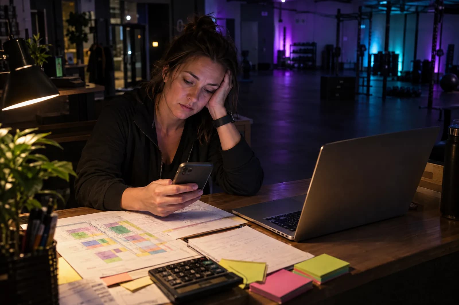 Erschöpfte Studioleiterin spätabends zwischen Dienstplan-Ausdrucken und Nachrichten auf dem Handy
