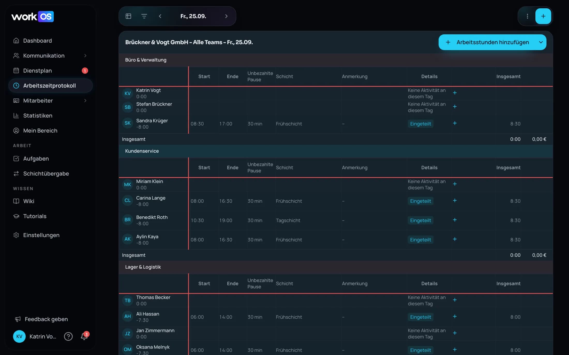 datoWork-Arbeitszeitprotokoll mit gestempelten Zeiten