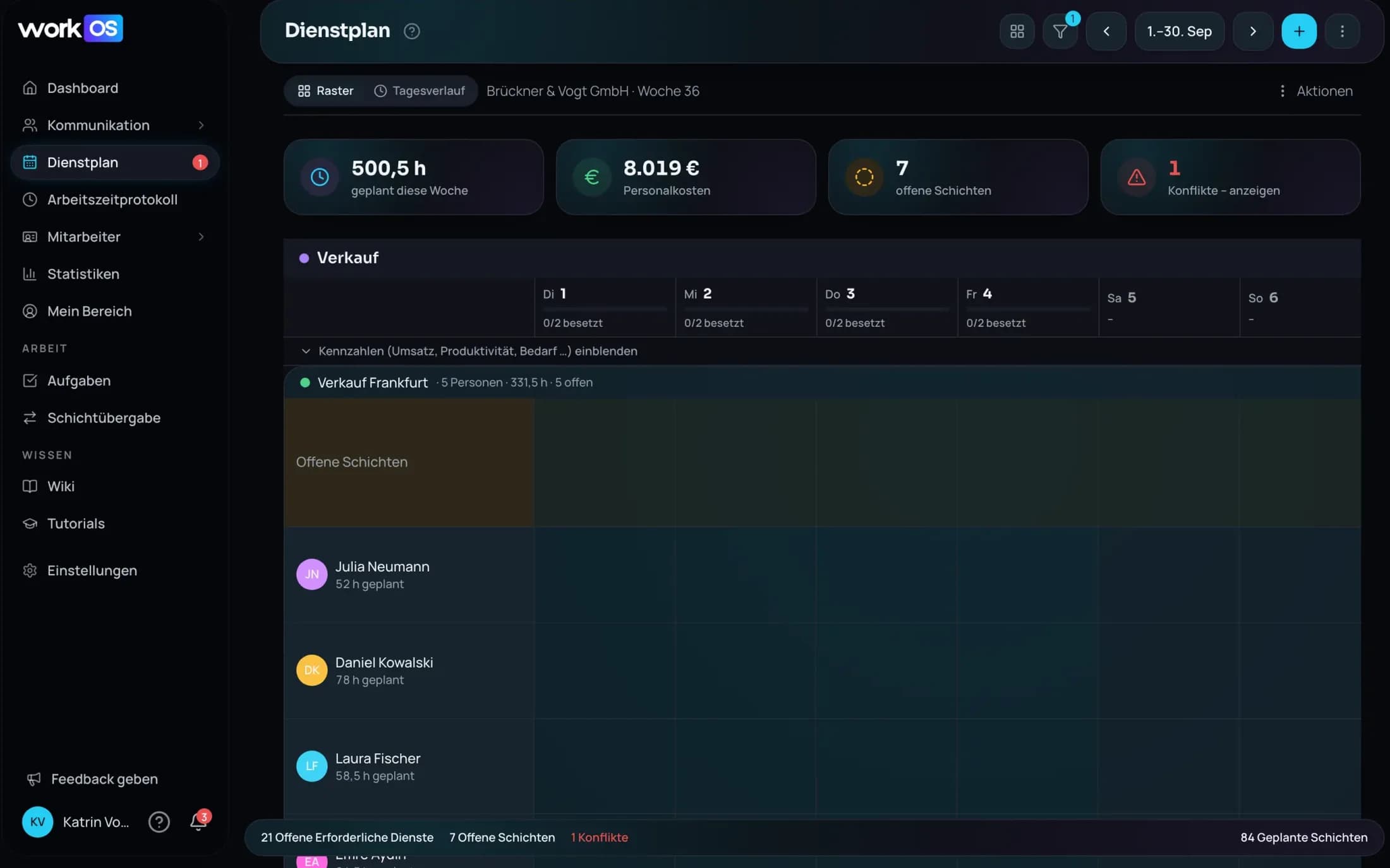 datoWork-Dienstplan in der Monatsansicht