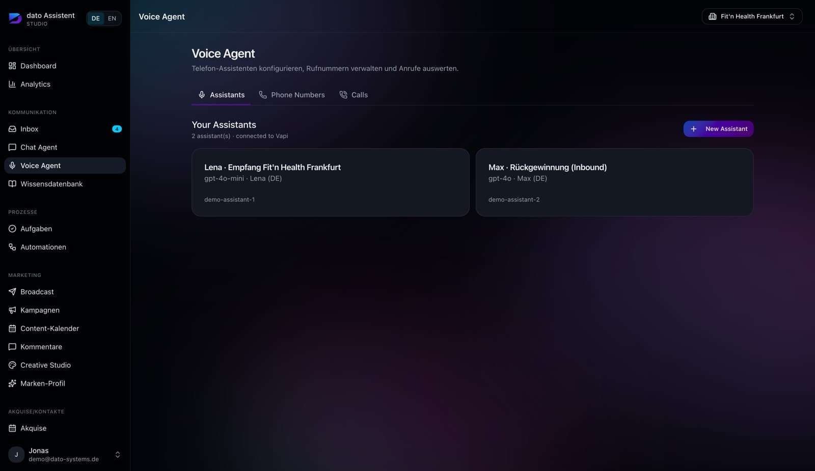 Ansicht Voice Agent in dato Assistent
