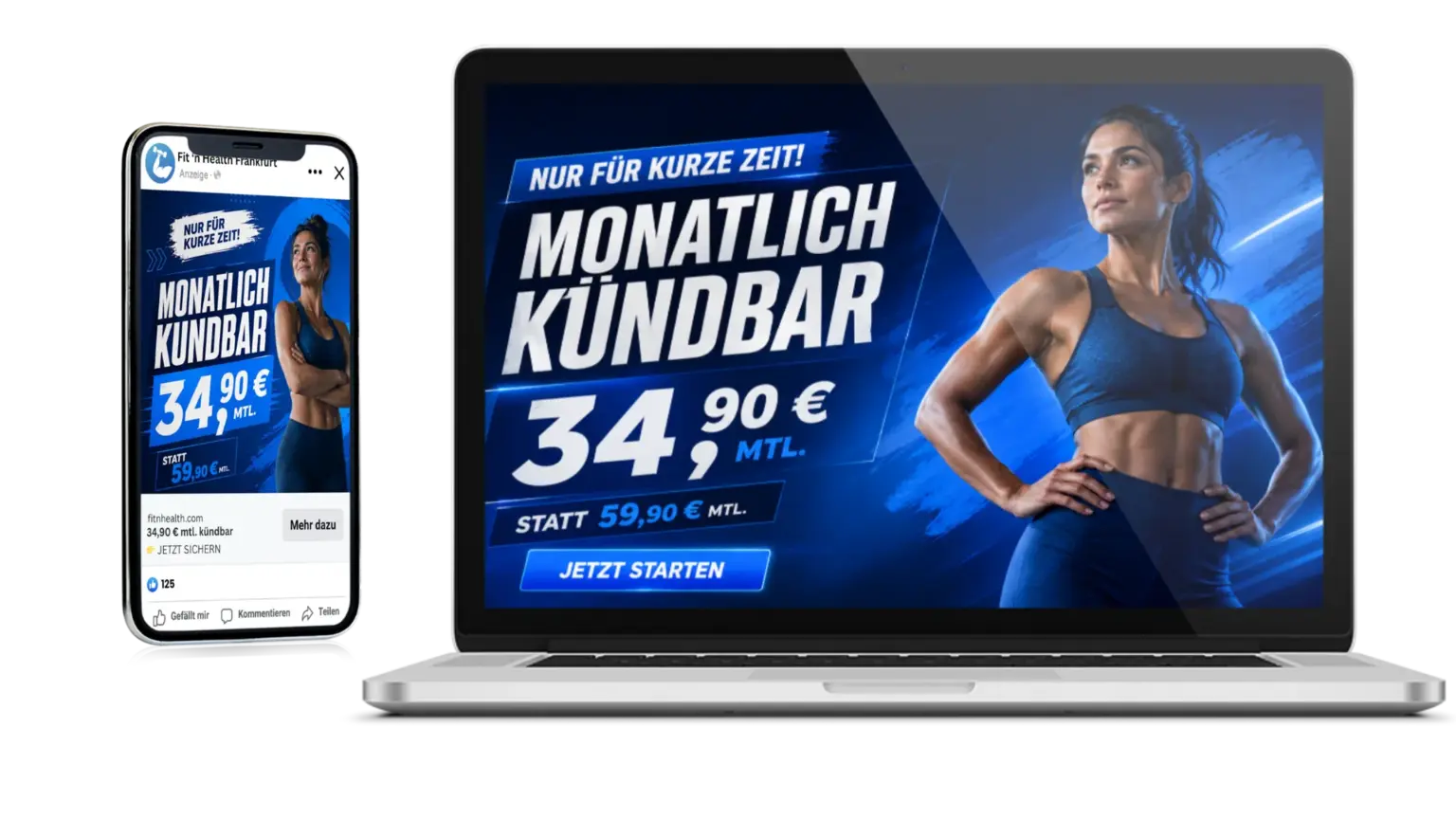 Beispiel einer Meta-Kampagne auf Smartphone und Laptop für ein Fitnessstudio